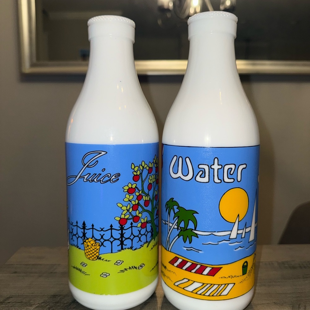 Vintage Carlton Milk Glass White Bottle Set — Juice & Water with Tropical Labels